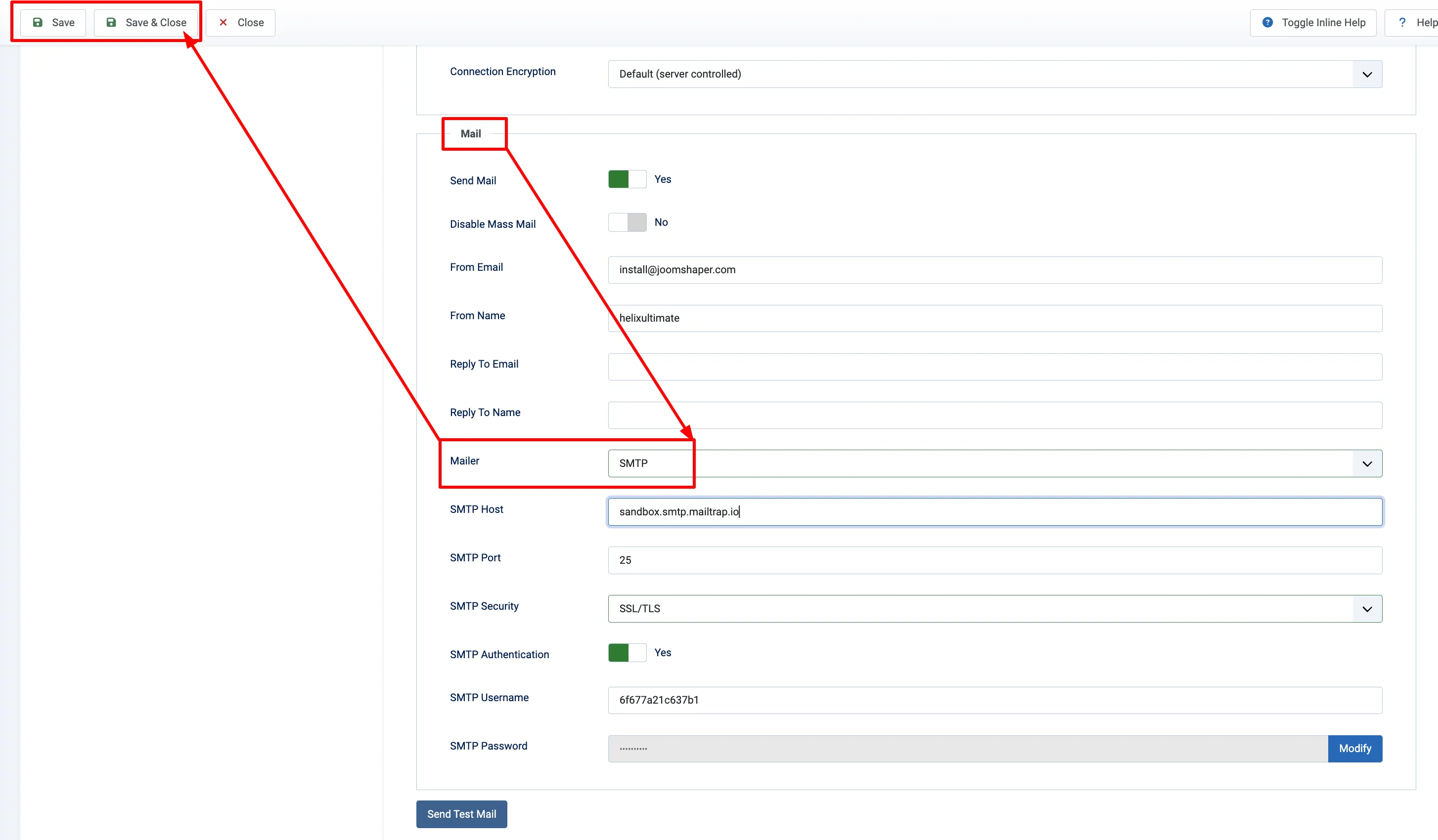 SMTP Mail Settings in Joomla